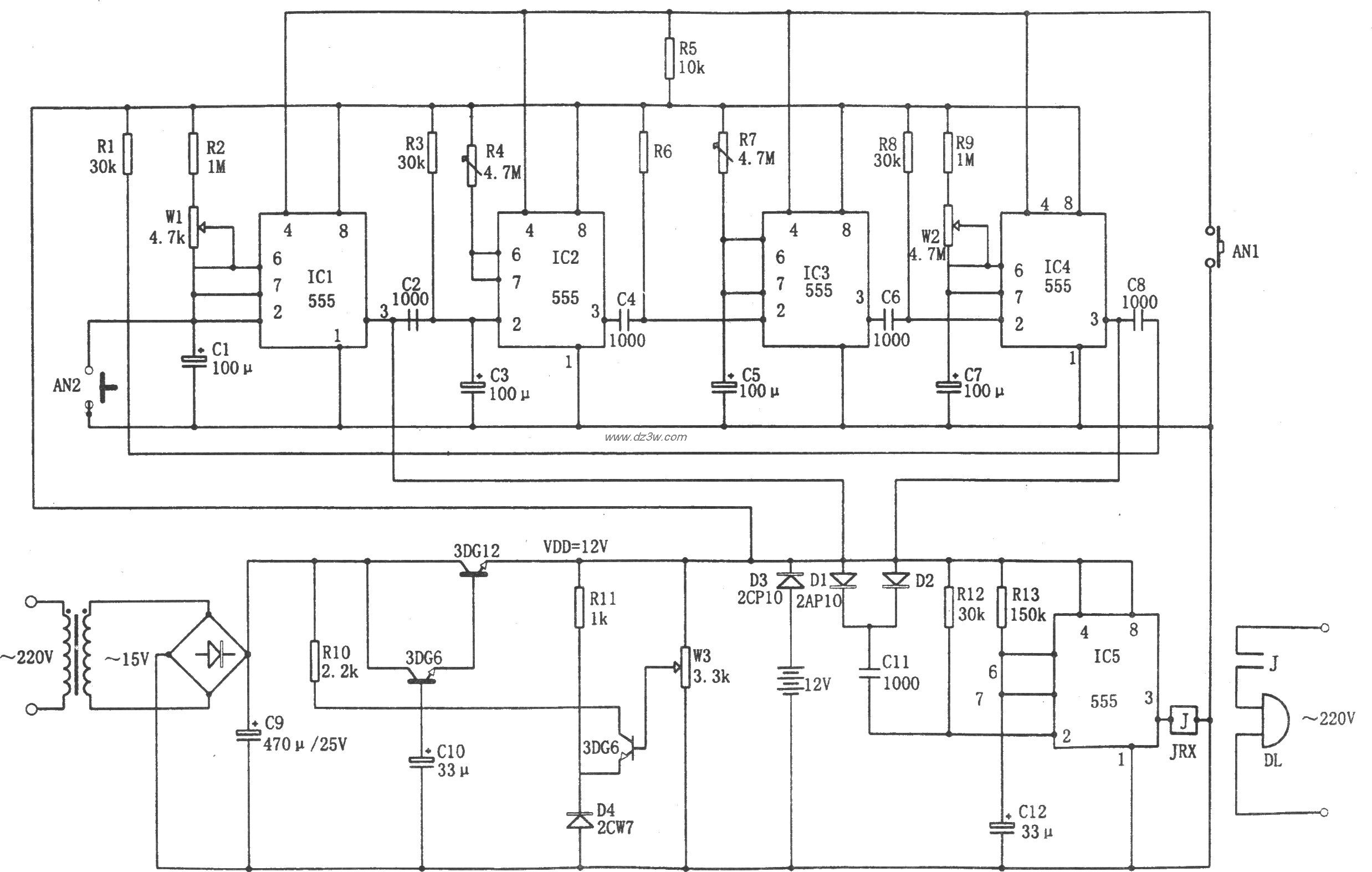 555构成的课堂响铃自动控电路图