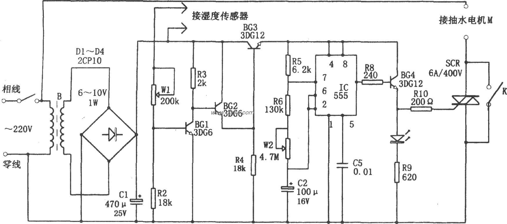 555构成的自动定时间歇灌电路图