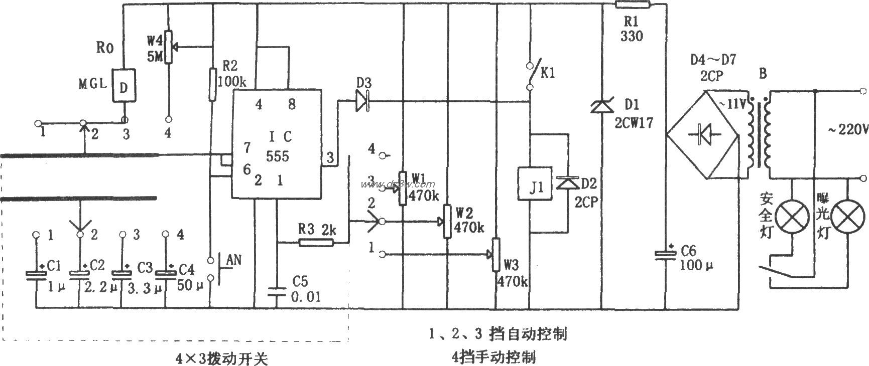 555构成的放大曝光时间自电路图