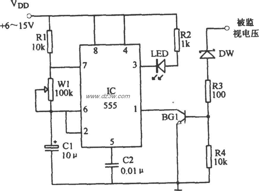 555构成的过压指示电路电路图