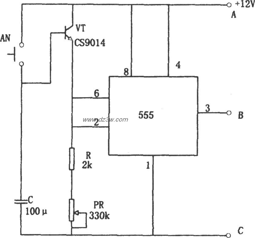 555构成简单的长时间定时电路图