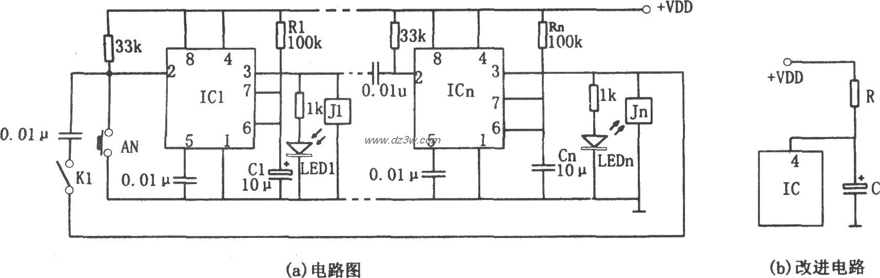 555构成的多路温度测试电电路图