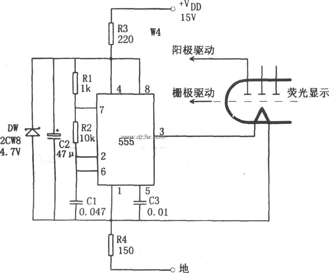 555构成的经济型荧光显示电路图