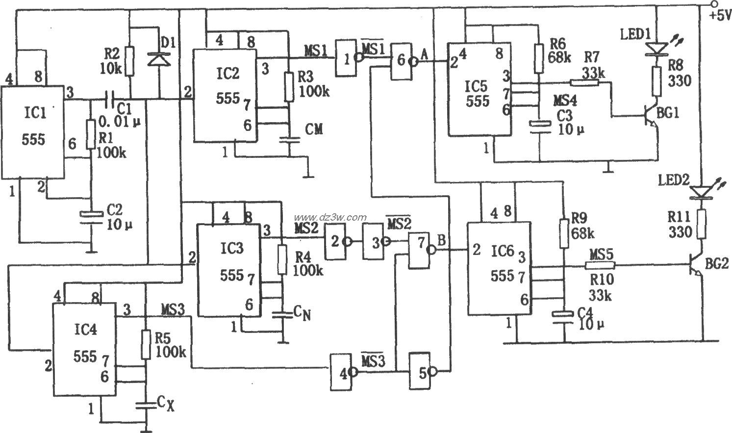 555构成的电容器检测筛选电路图