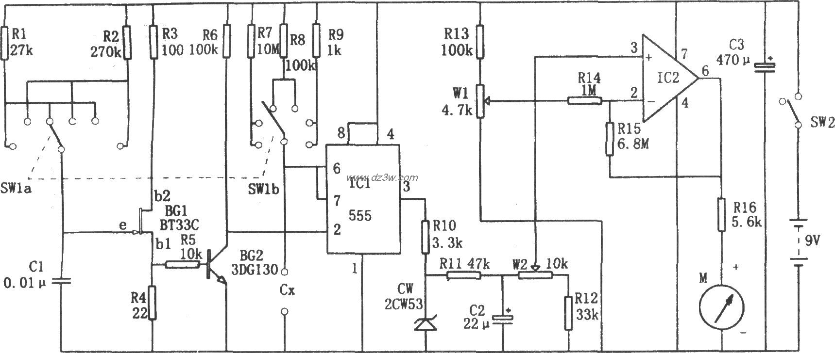 555构成的直流式电容测试电路图