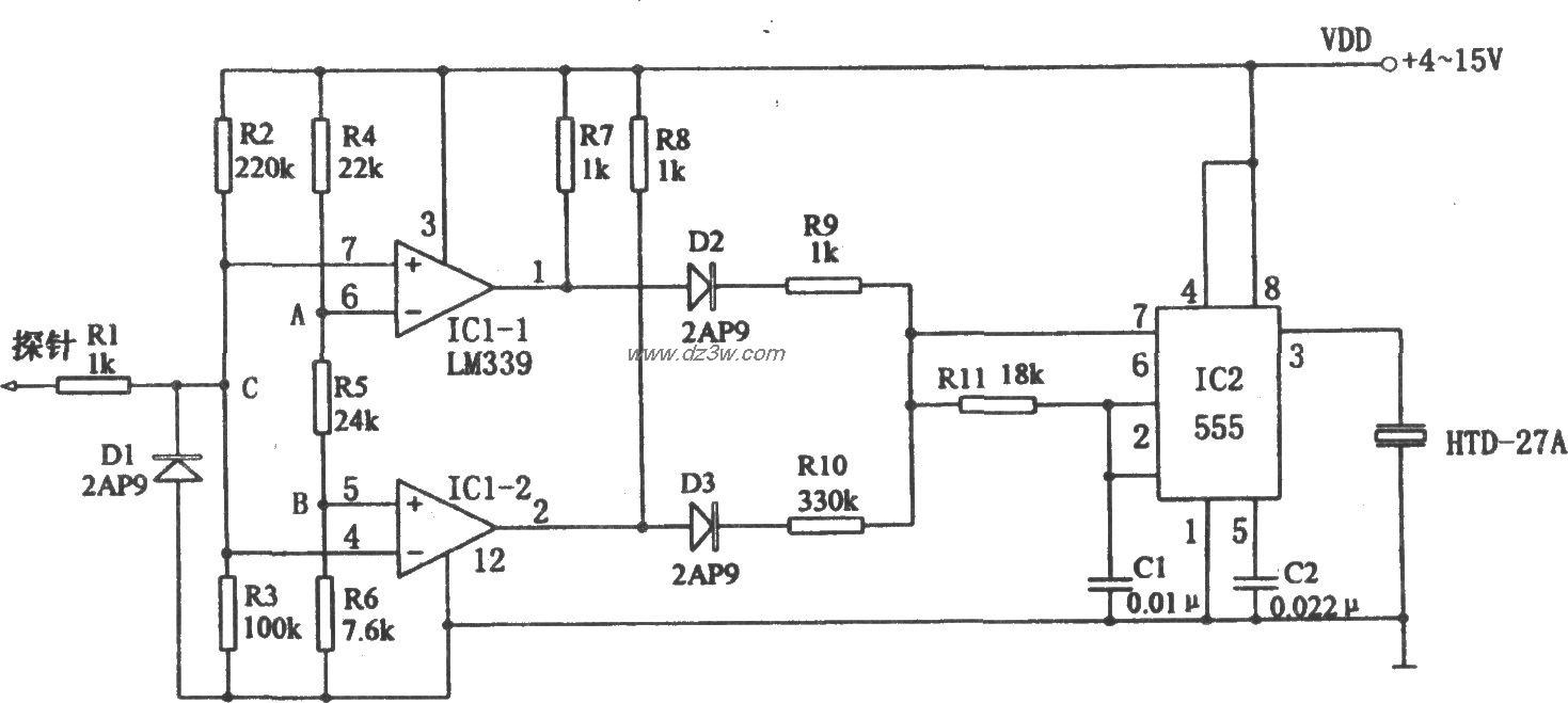 555构成的音响逻辑电平探电路图