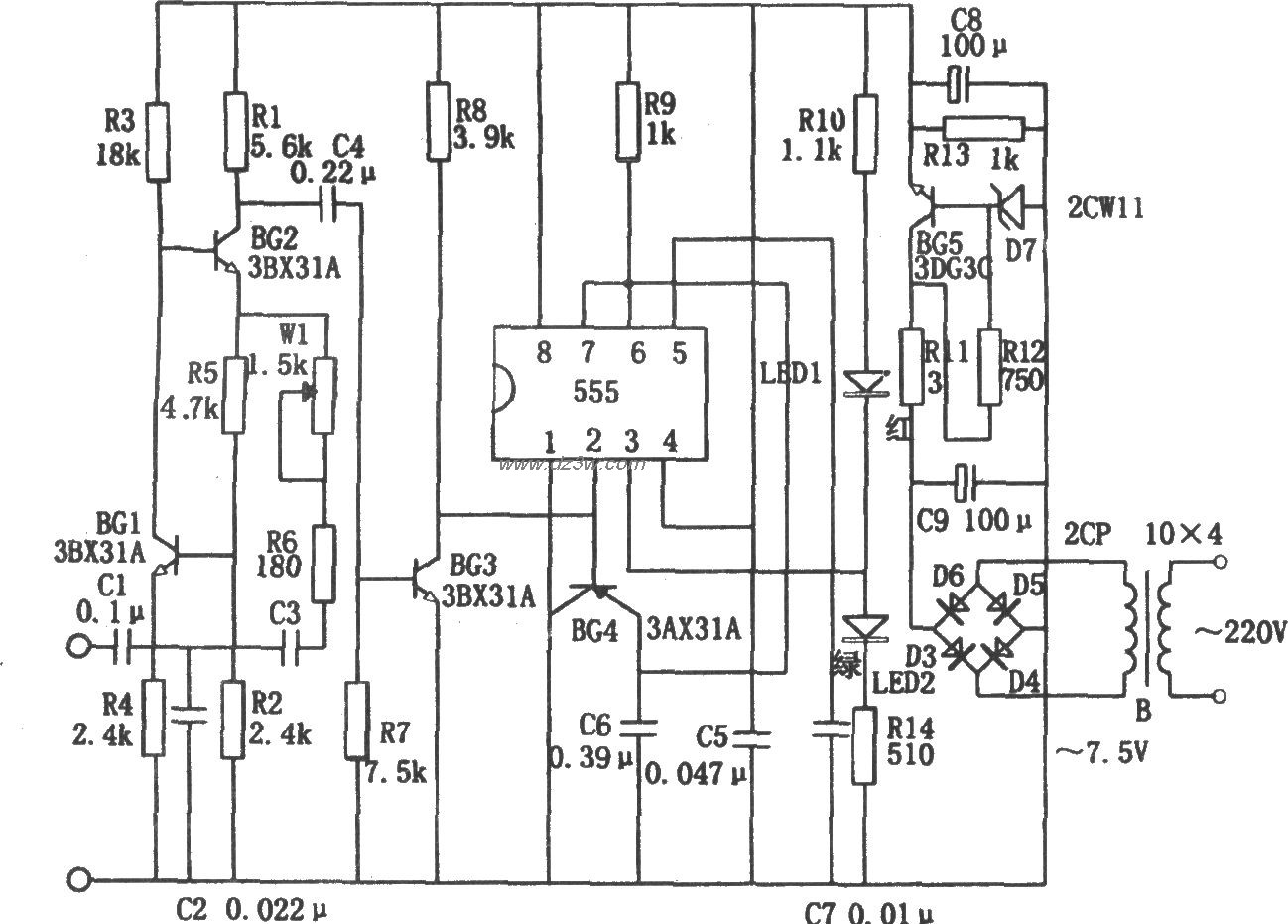 555构成的行输出变压器短电路图