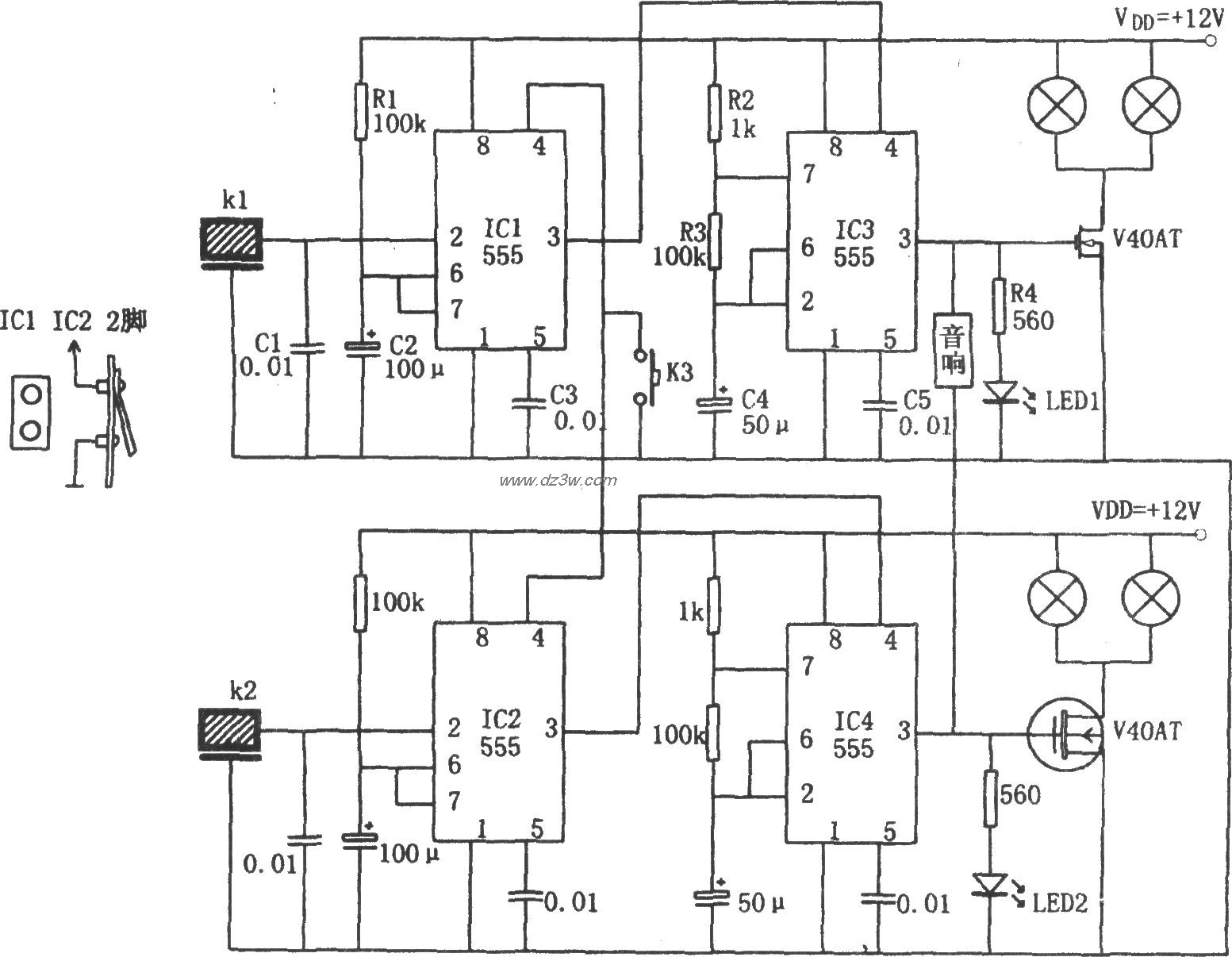 555构成的汽车转向指示灯电路图