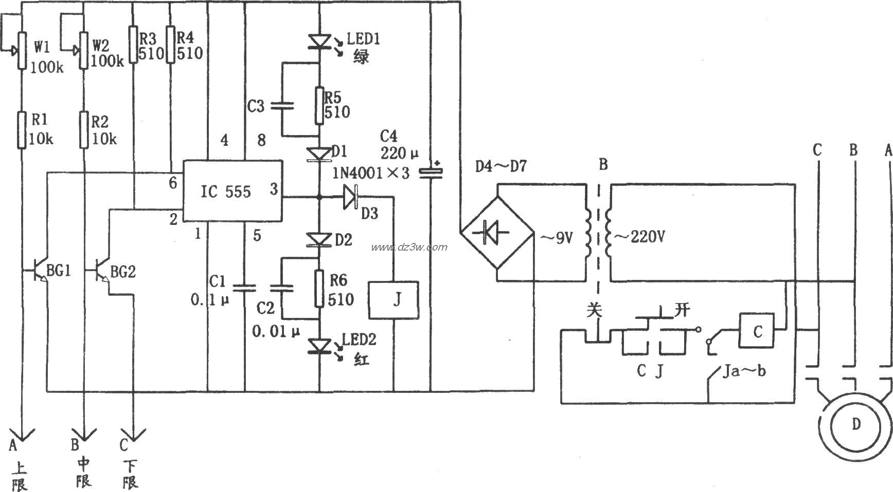 555构成的水位自动控制电电路图