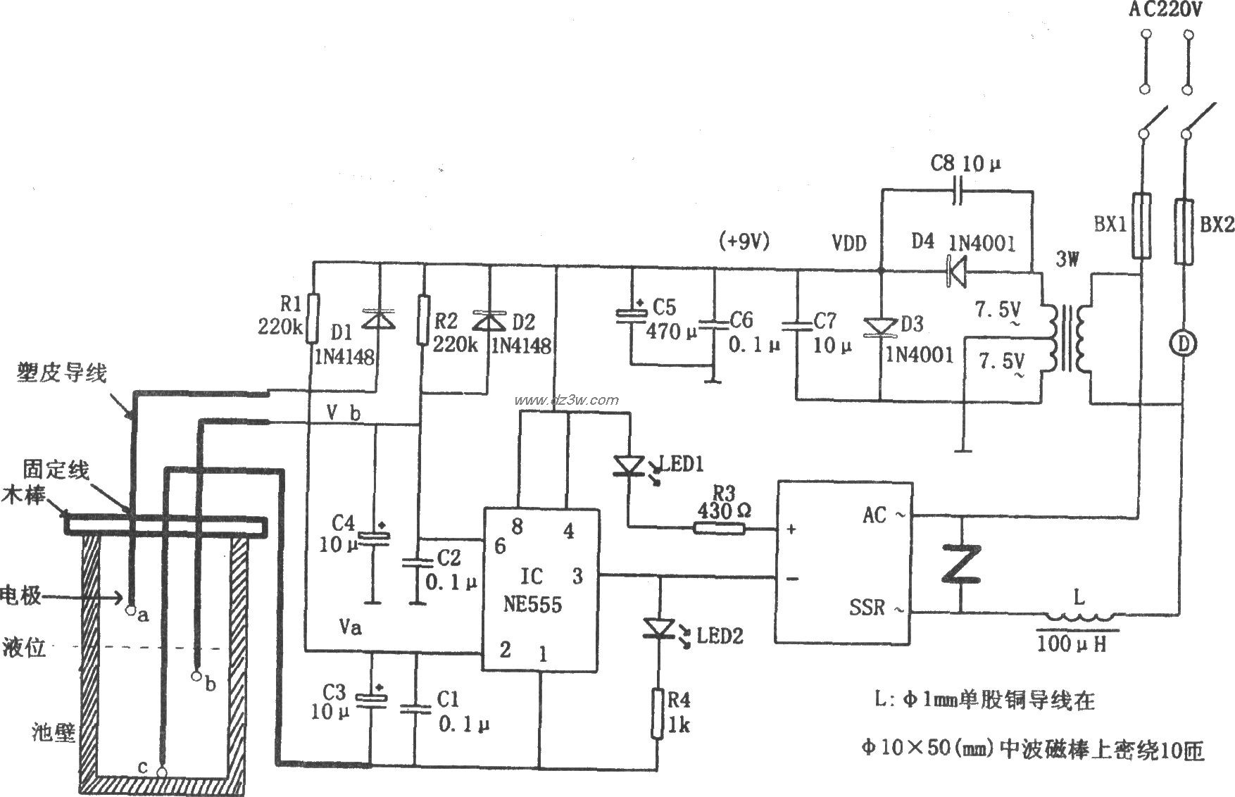NE555构成的农用液位自动电路图