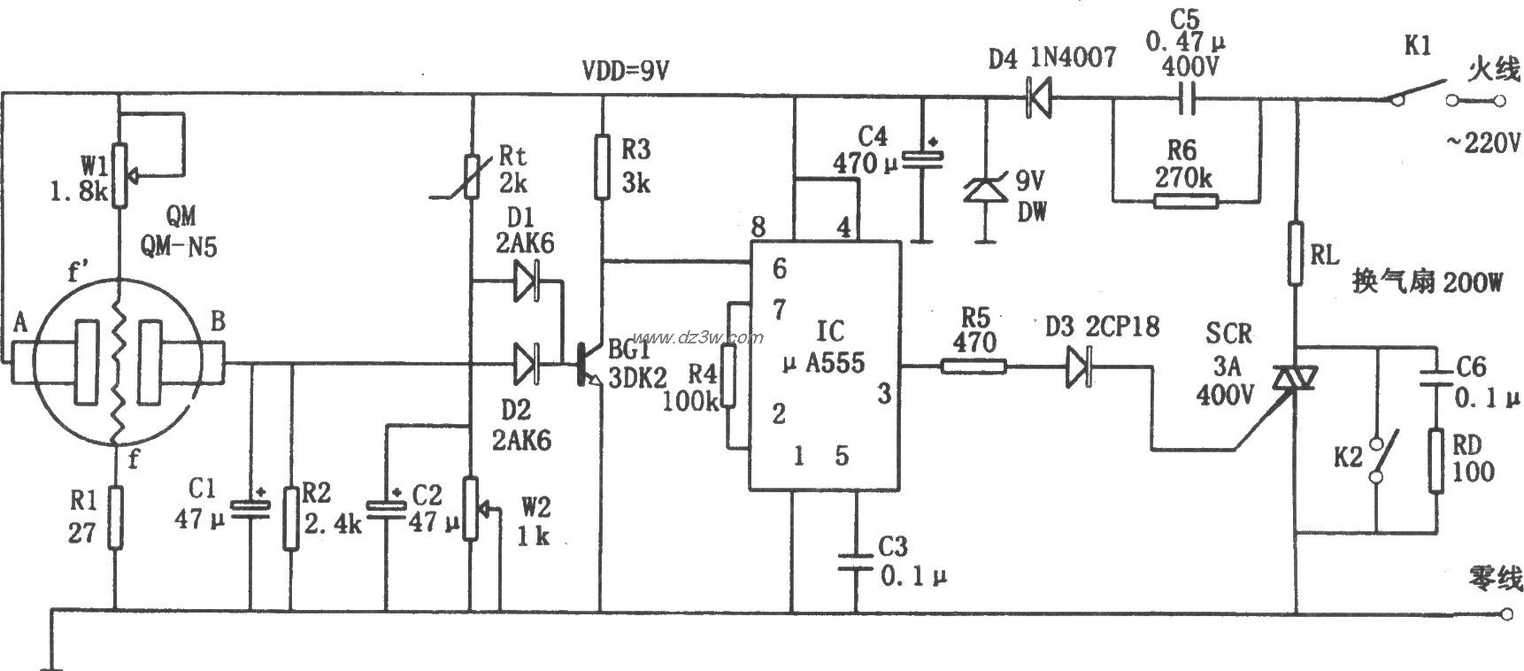 μA555构成的换气扇的自电路图