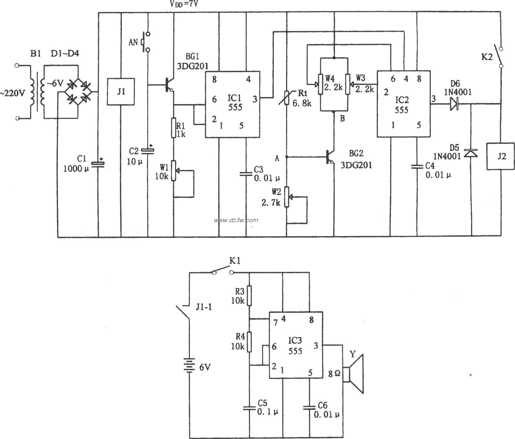 555构成的豆芽自动浇水控电路图
