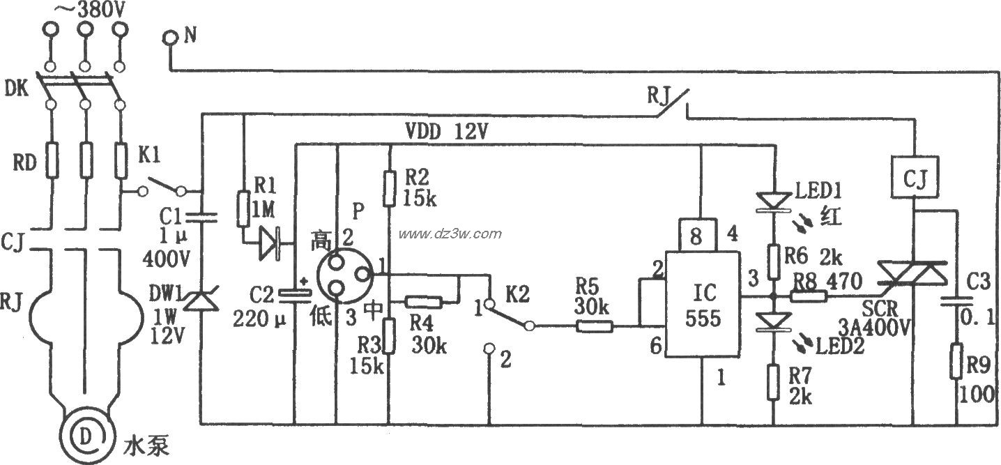 555构成的无塔增压供水装电路图