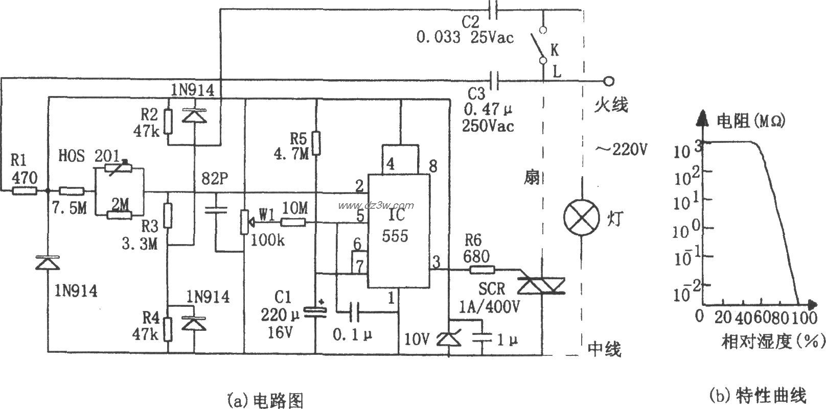 555构成的室内湿度控制电电路图