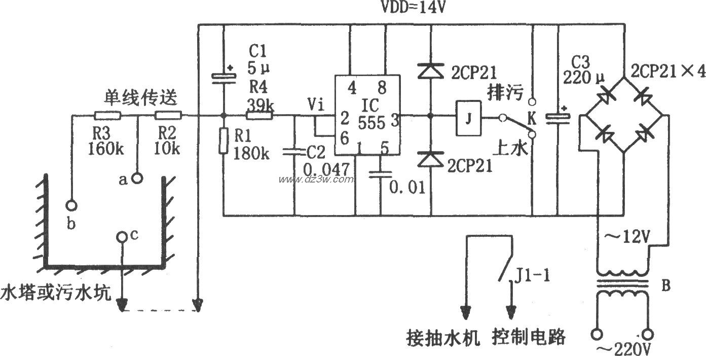 555构成的水位和排污控制电路图