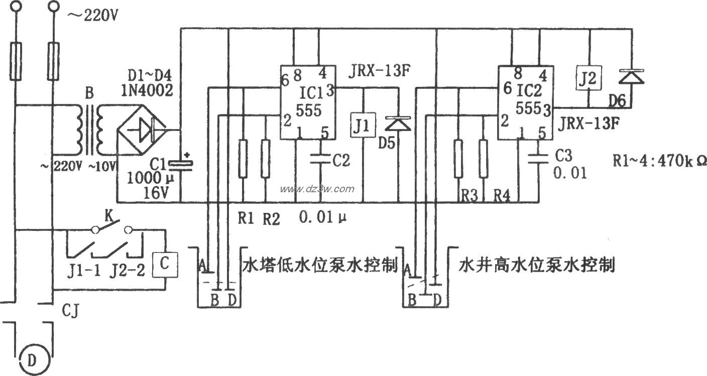555构成的水位控制电路电路图