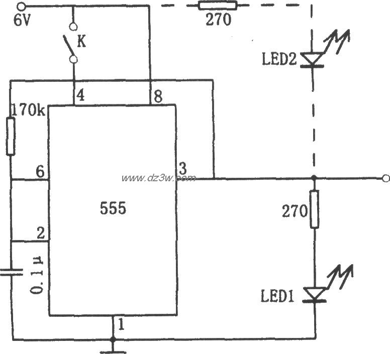 555构成的发光报警电路电路图