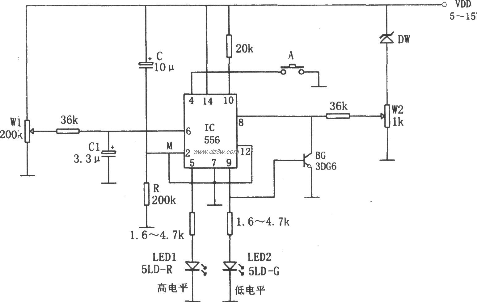 555构成的电源电压高、低电路图