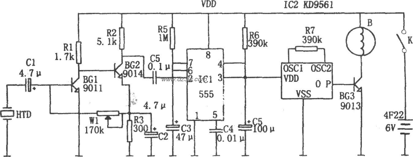555构成的机电一体化自行电路图