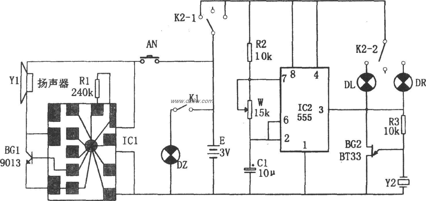 555构成的三轮车转向讯响电路图