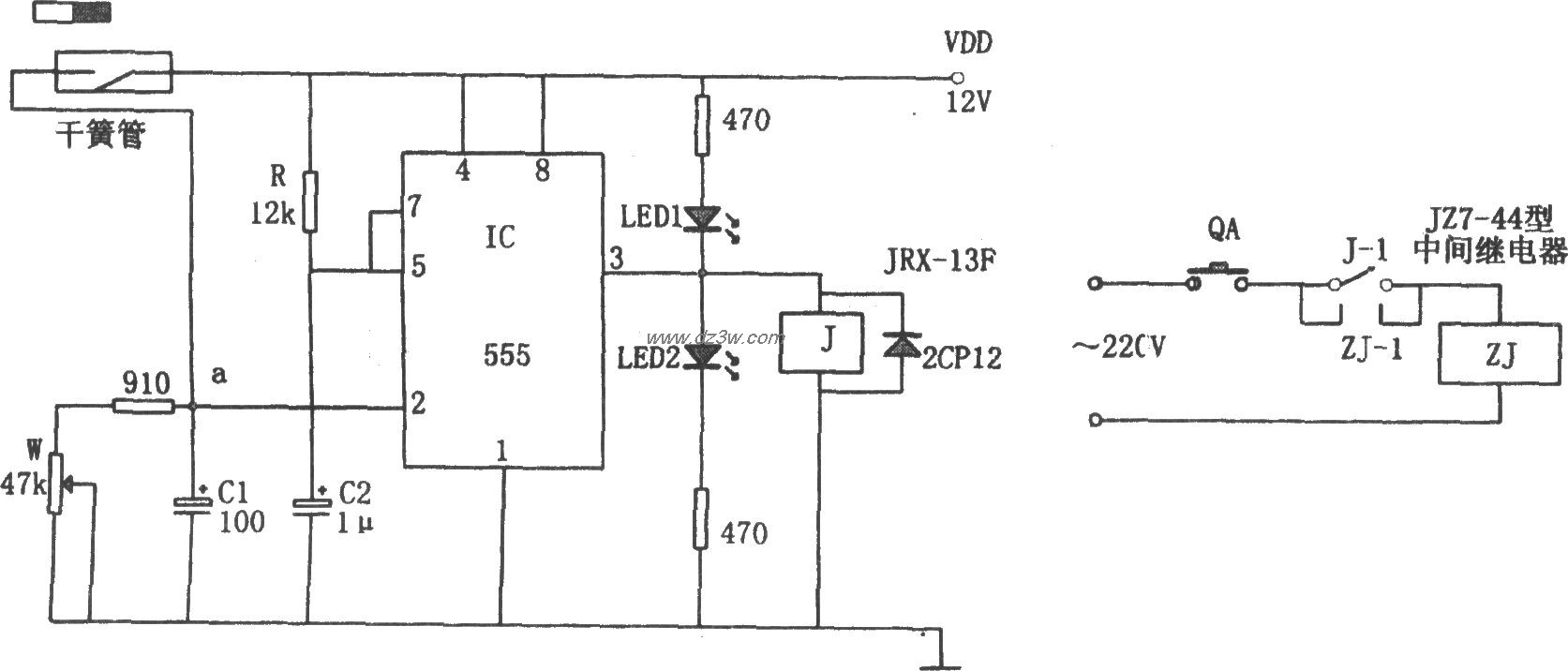 555构成的提升机故障报警电路图