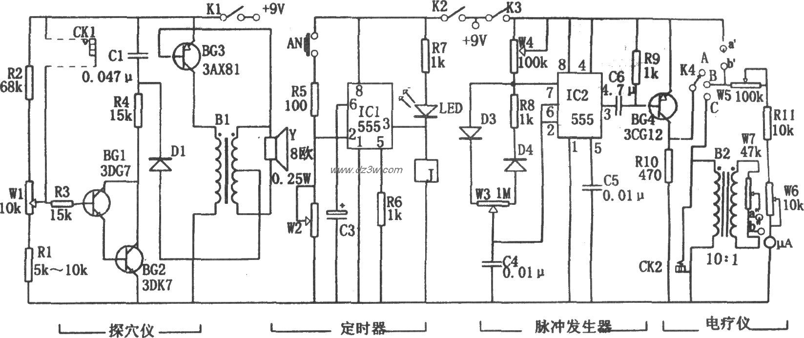 555构成的多功能电子探穴电路图