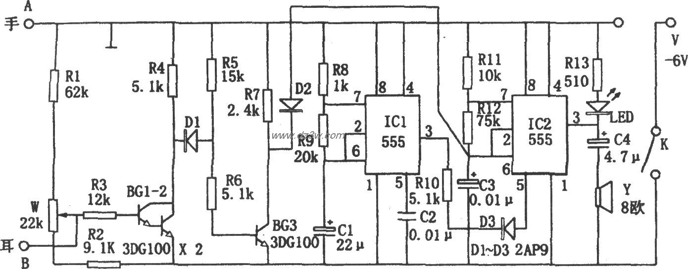555构成的穴位探测仪电路电路图