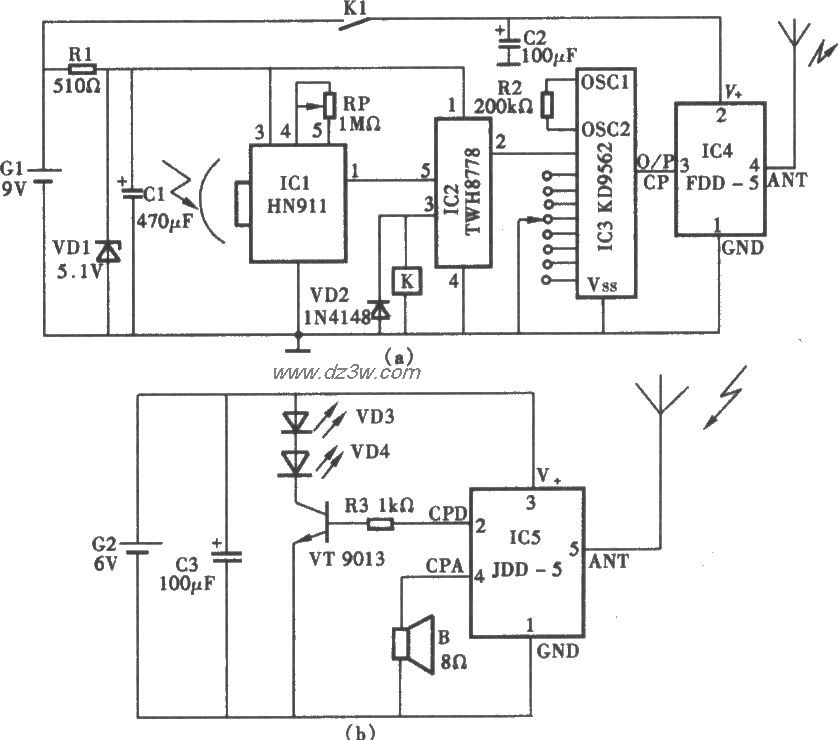 路无线防盗报警器电路电路图