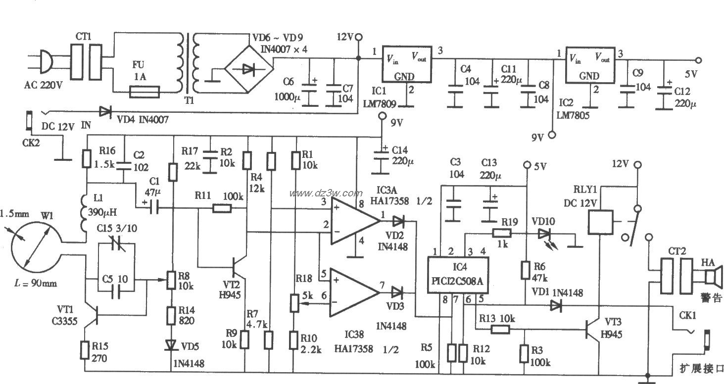 JT-3WB型微波防盗报警器电路图