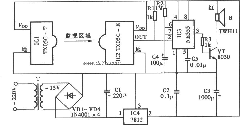 门窗红外监视防盗报警器电路图