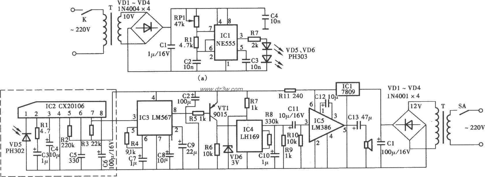 红外探测防触电告警器电电路图