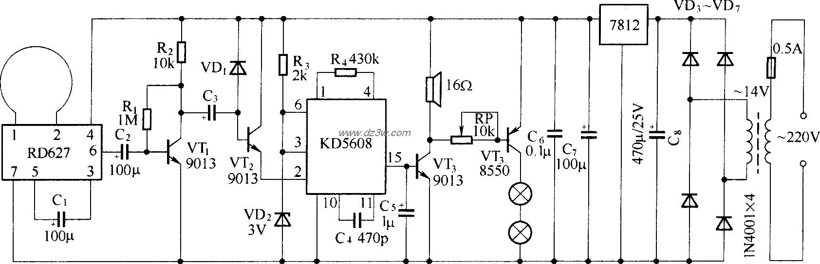 利用RD627组成的家庭卫士电路图