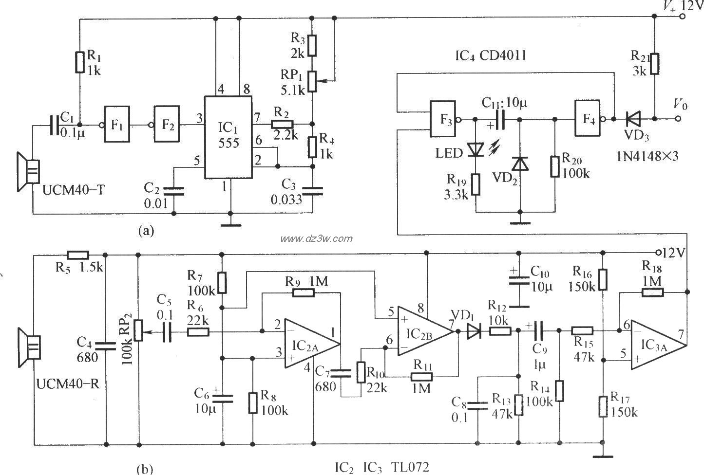 超声波防盗报警探测器电路图