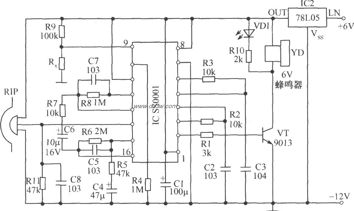 人体红外热释报警器电路电路图