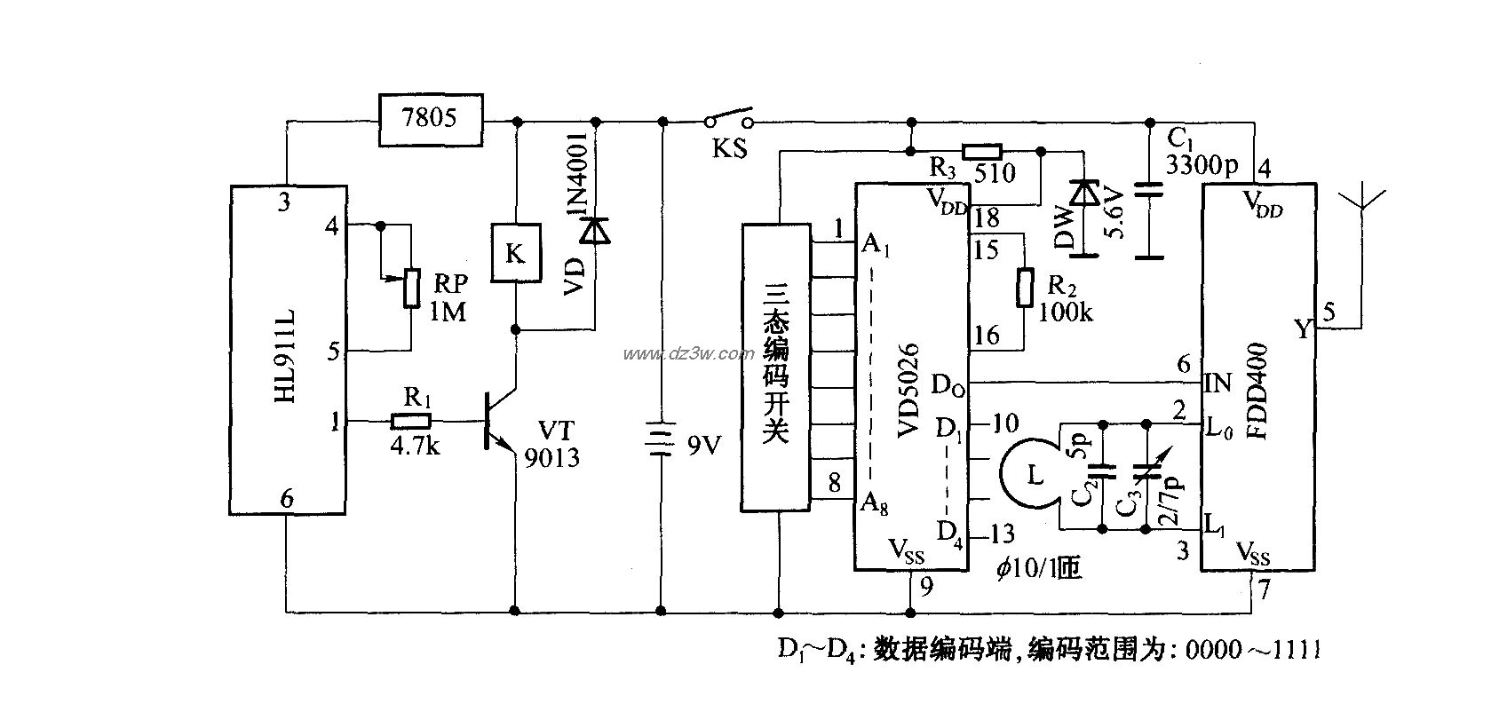 热释电探测无线防盗系统电路图