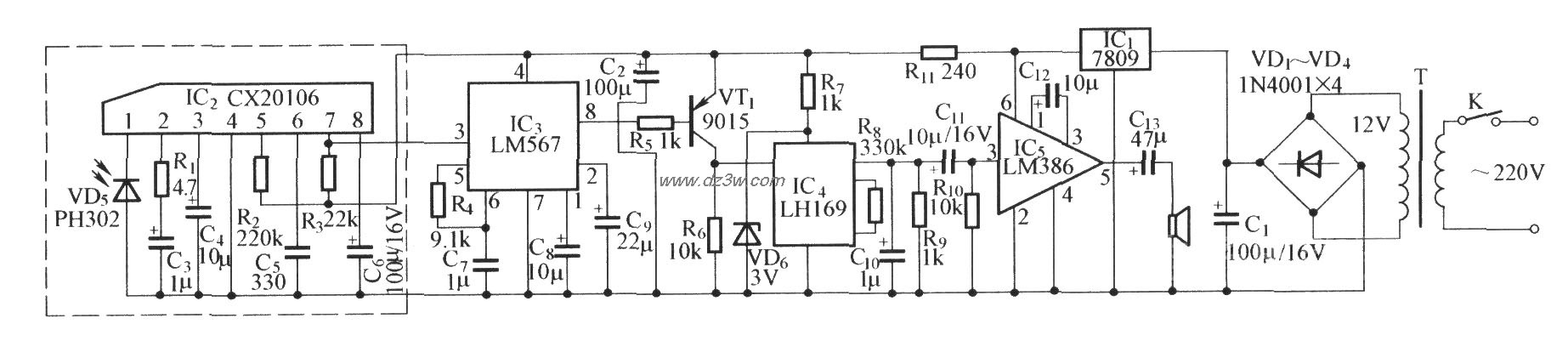 红外探测语言警示器电路图