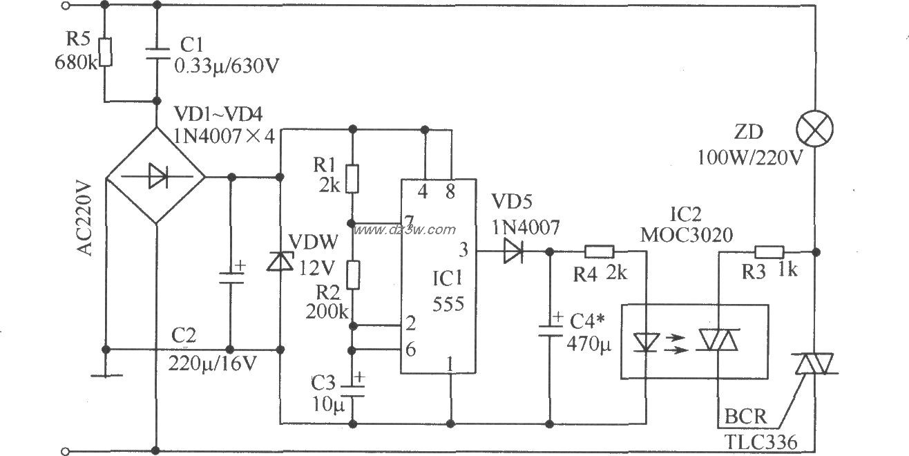 光电耦合器组成的警示灯电路图