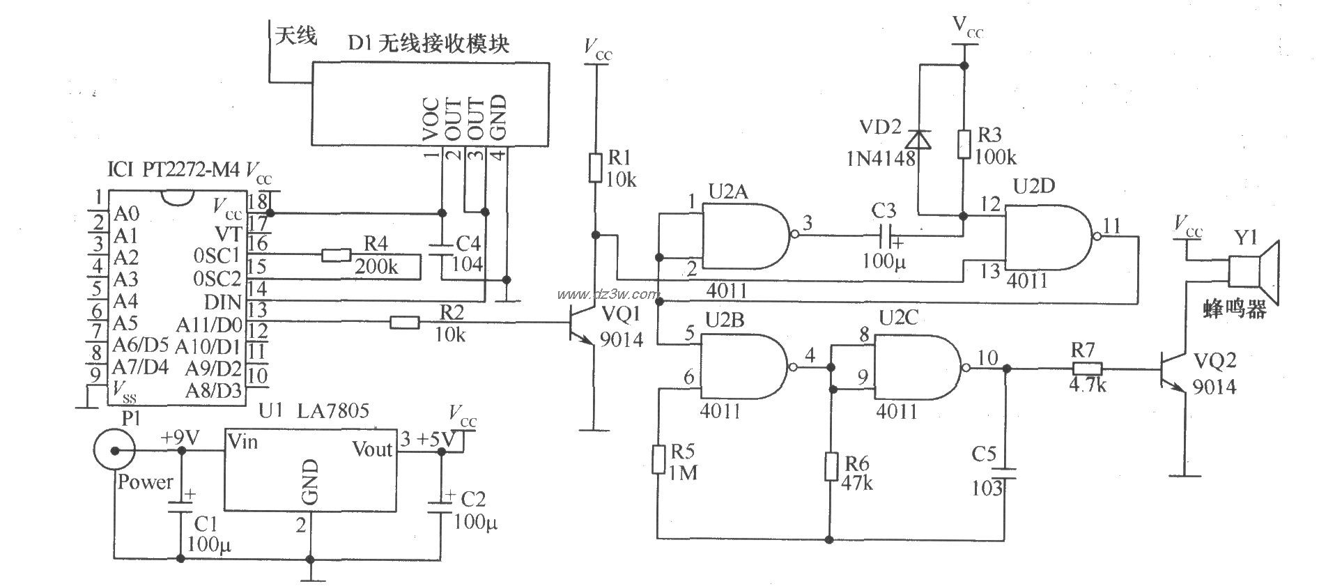 带多个检测头的无线报警电路图