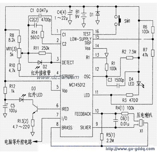 用MC145012的红外线火灾电路图
