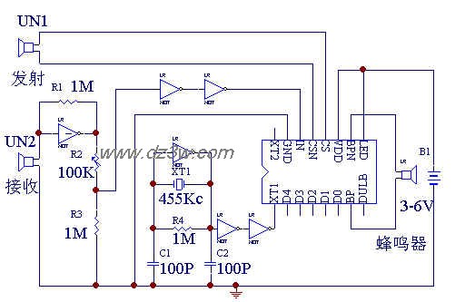 超声波测距报警控制芯片电路图