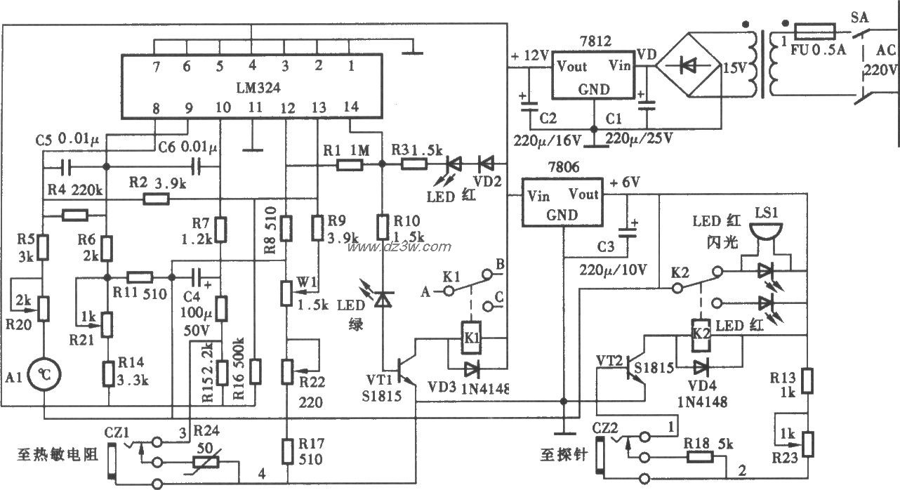 液体点滴自动加温报警器电路图