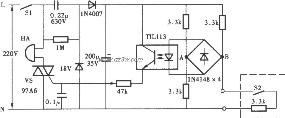光耦合杂物间门开关报警电路图