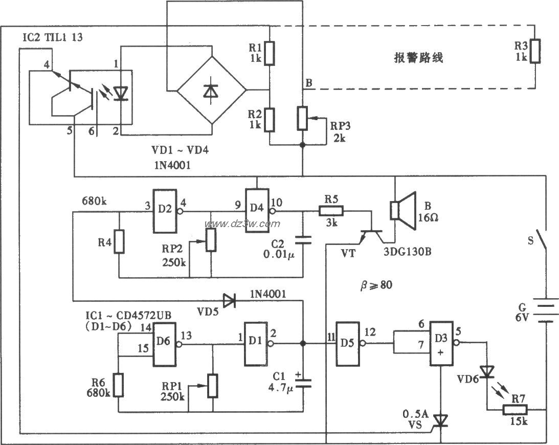 光耦合防盗报警器电路电路图