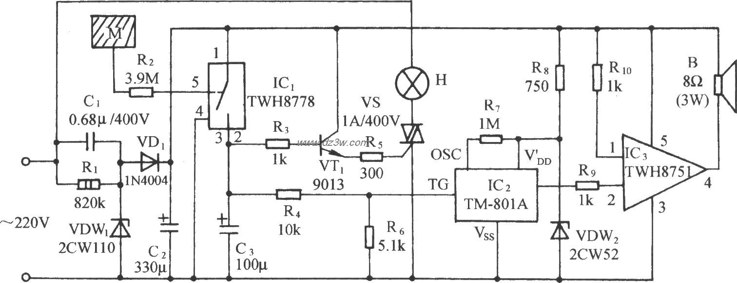 指触式大功率声光报警电电路图