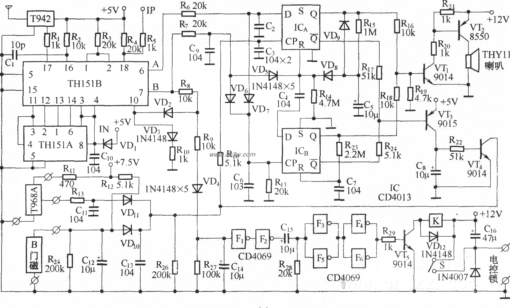 遥控电控锁报警器(TH151电路图