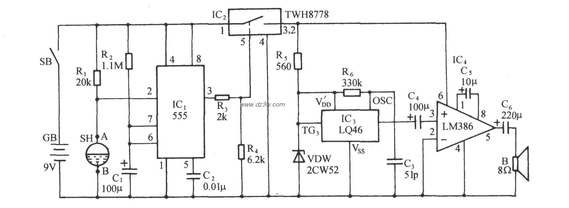 珍贵文物防搬移报警器电电路图