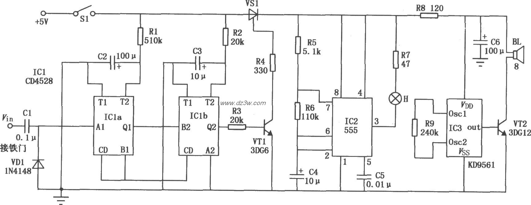 铁门防撬报警器(CD4528、电路图