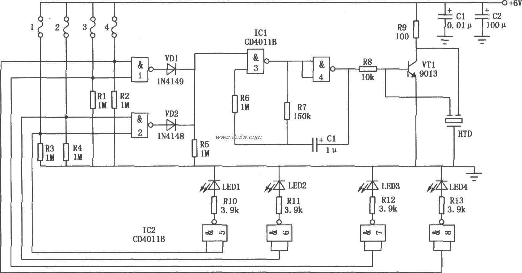 四路防盗报警器(CD4011B电路图