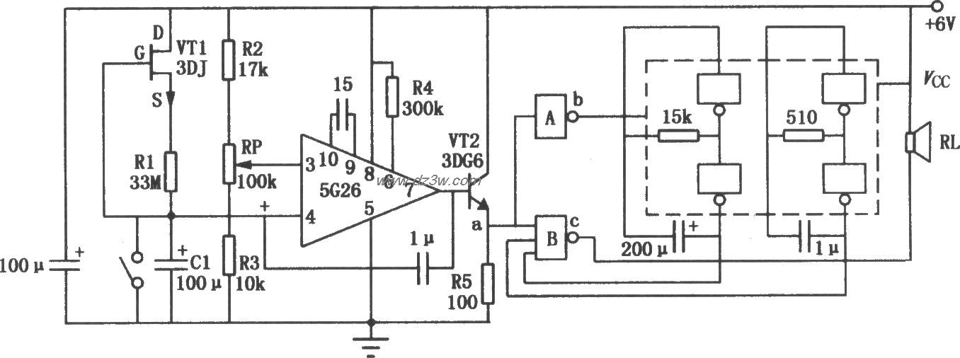 运放5G26组成的定时报警电路图