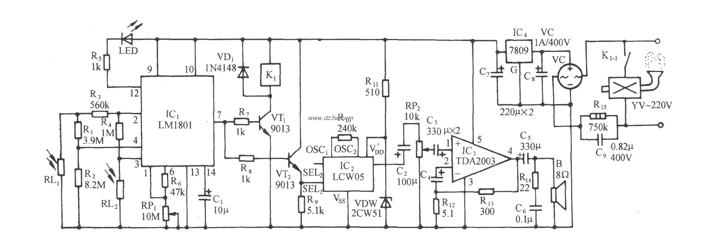 光敏式火灾大功率报警电电路图